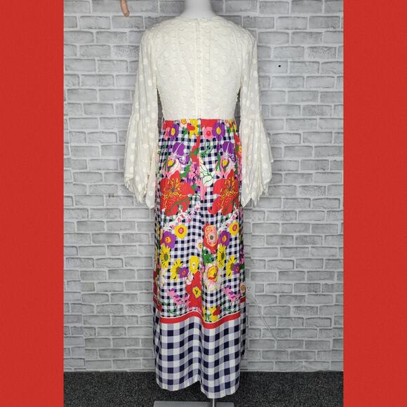 Vintage 60s Floral Gingham Psychedelic Bell Sleeve Maxi Dress - Picture 3 of 4